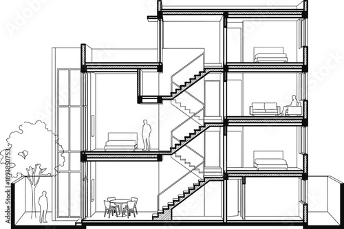 Modern residential building section drawing showing multi level interior rooms stairs furniture architectural cross section technical line illustration black white vector design blueprint
