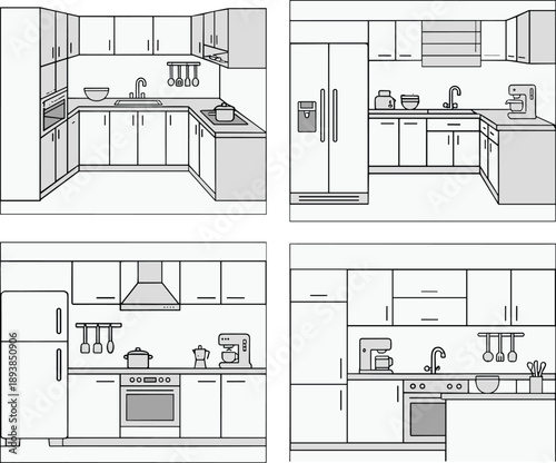 Modern kitchen interior line illustration set with cabinetry appliances and countertops, minimal black and white design layouts for home renovation planning projects