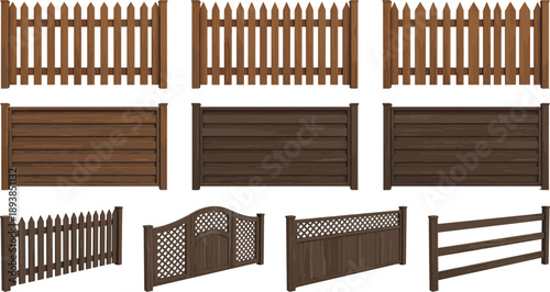 Wooden fence and gate collection featuring rustic garden boundary panels, picket fencing and wood barrier designs for landscape yard and property decoration