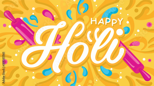 Vibrant holi celebration background with colorful splashes and rolling pins on yellow