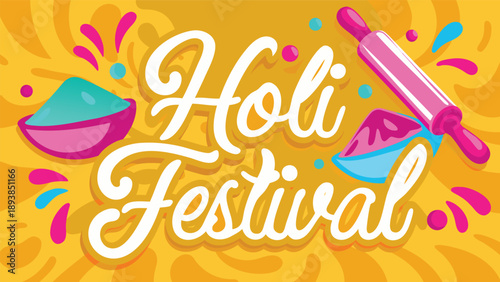 Vibrant holi festival illustration with colorful powders and rolling pin on yellow background