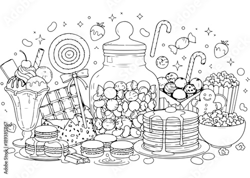 Sweet candy jar coloring page filled with lollipops chocolate bars candy canes and sugar treats for kids birthday party activities dessert shop decorations and yummy food hobby coloring books.