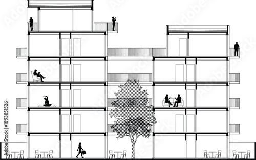 Residential apartment cross section illustration with people silhouettes balconies corridors and courtyard tree, architectural cutaway drawing for modern housing and urban planning projects