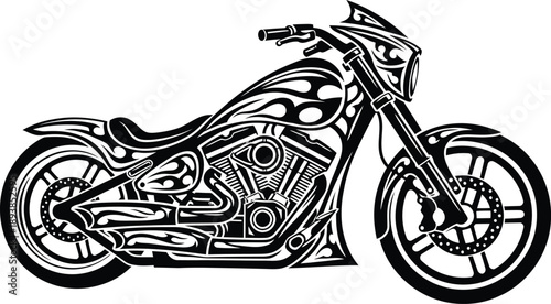 Detailed black and white cruiser motorcycle illustration with stylized tribal flame graphics.