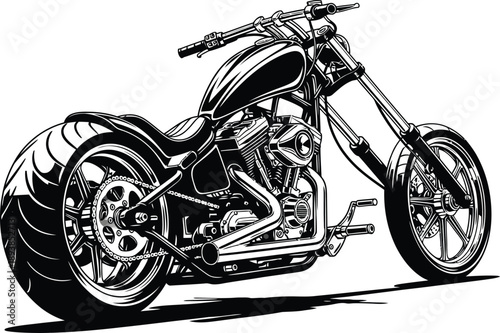 Detailed black and white illustration of a custom chopper motorcycle with a massive rear wheel and long forks.