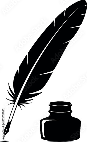 Black feather quill pen and inkwell on white background