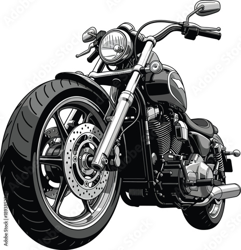 Detailed black and white illustration of a classic cruiser motorcycle from a dynamic lowangle front view.