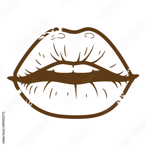 Vintage Grunge texture Brown lips with wrinkles and slight smile expression on white background