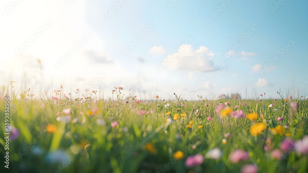 Fototapeta premium Vibrant flowers bloom in a lush green field under a clear blue sky