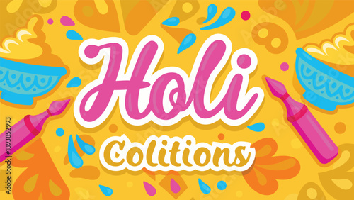 Vibrant holi festival elements with colorful powders and bowls on yellow background