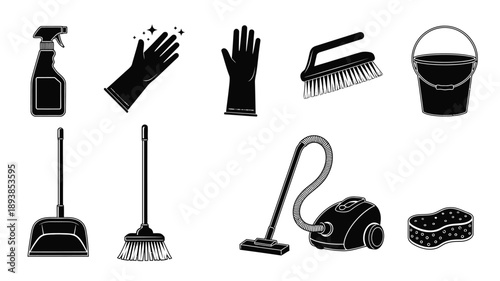 cleaning tools and equipment icons arranged neatly a simple silhouette