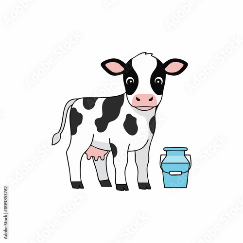 Cute dairy cow with milk can cartoon illustration isolated on white, Adorable black and white spotted cow character for farm branding