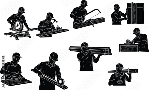 Construction, carpenter, worker, tools, wood, saw, hammer, plank, frame, plane, measuring, tape, building, repair, labor, silhouette, icon, vector, illustration, concept, design, industry, craft
