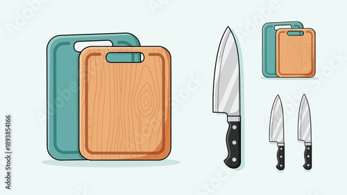 Kitchen knives and cutting boards set.