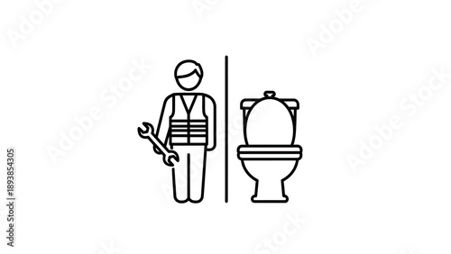 Plumber with toilet and tools.
