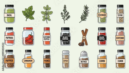 Spices and herbs in jars.