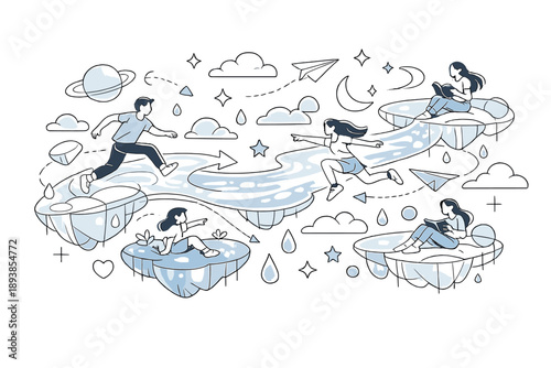 Surreal river in the heavens. A translucent river replaces clouds, flowing between floating islands and stars,