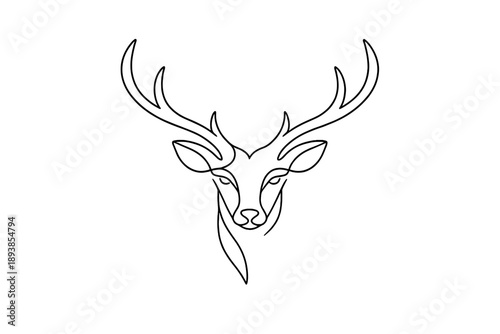 Forest Guardian. Minimalistic one-line drawing deer head with elegant antlers and balanced symmetry,