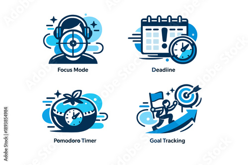 Time management icons. Line icons representing focus mode, deadlines, pomodoro timers, and goal tracking.