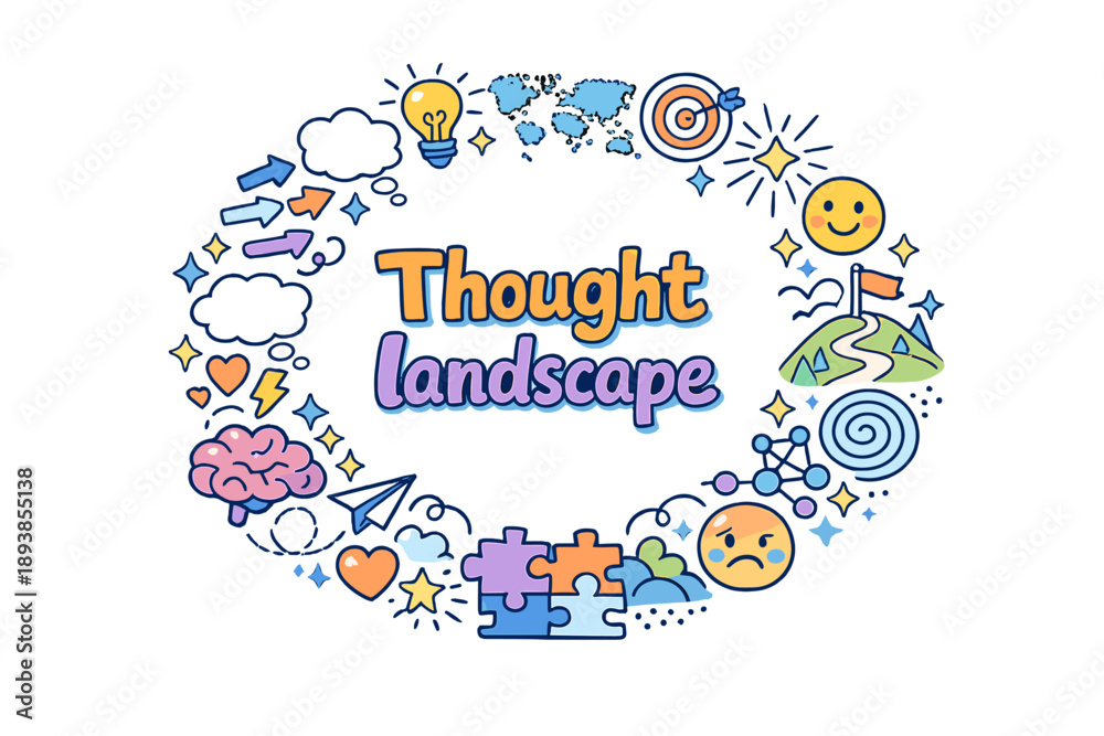 Naklejka premium Thought landscape. Hand drawn illustration of Thought landscape. abstract brain, hills and paths, arrows,