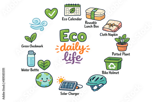 Eco Lifestyle Icons. Eco daily life. Hand drawn illustration of Eco daily life. eco calendar, reusable lunch
