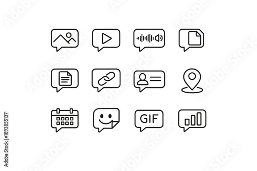 Message content icons. Line outline icon set of Message content icons: image message, video message, audio