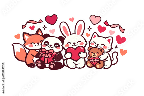 Cute animals celebrating Valentine’s Day. A group of adorable animals hugging and exchanging heart-shaped