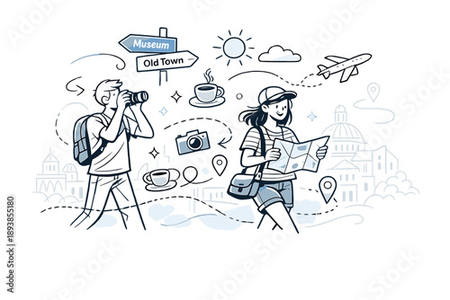 Urban Holiday Adventure. City Break Escape. People exploring a new city with cameras and maps, buildings drawn