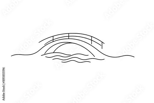 River flow crossing. Minimalistic one-line drawing curved bridge above gentle water flow indicated by soft