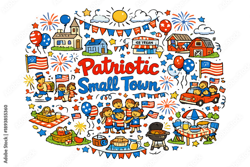 Obraz premium Patriotic Small Town. Hand-drawn doodle illustration of Patriotic Small Town. small town houses, fireworks,