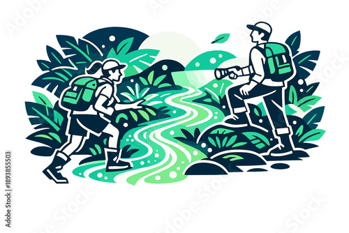 Living jungle light. Tropical plants emit electric blues and greens, forming paths of light through dense