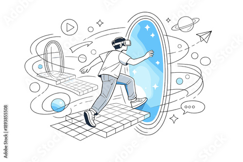 Virtual Reality Experience. A person wearing a VR headset, stepping into a floating digital landscape of