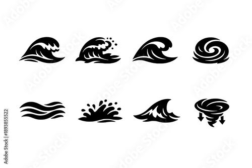 Fantasy sea motion. Filled icon set of Fantasy sea motion: rolling wave, crashing surf, curved tide, ocean