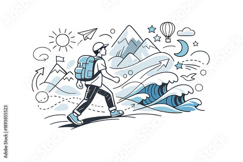 Limitless Journey. A figure stepping forward as mountains, waves, and stars unfold ahead in abstract layers.