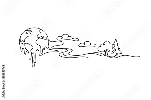 "Surreal environmental art". Minimalistic one-line drawing melting Earth transforming into trees, rivers and