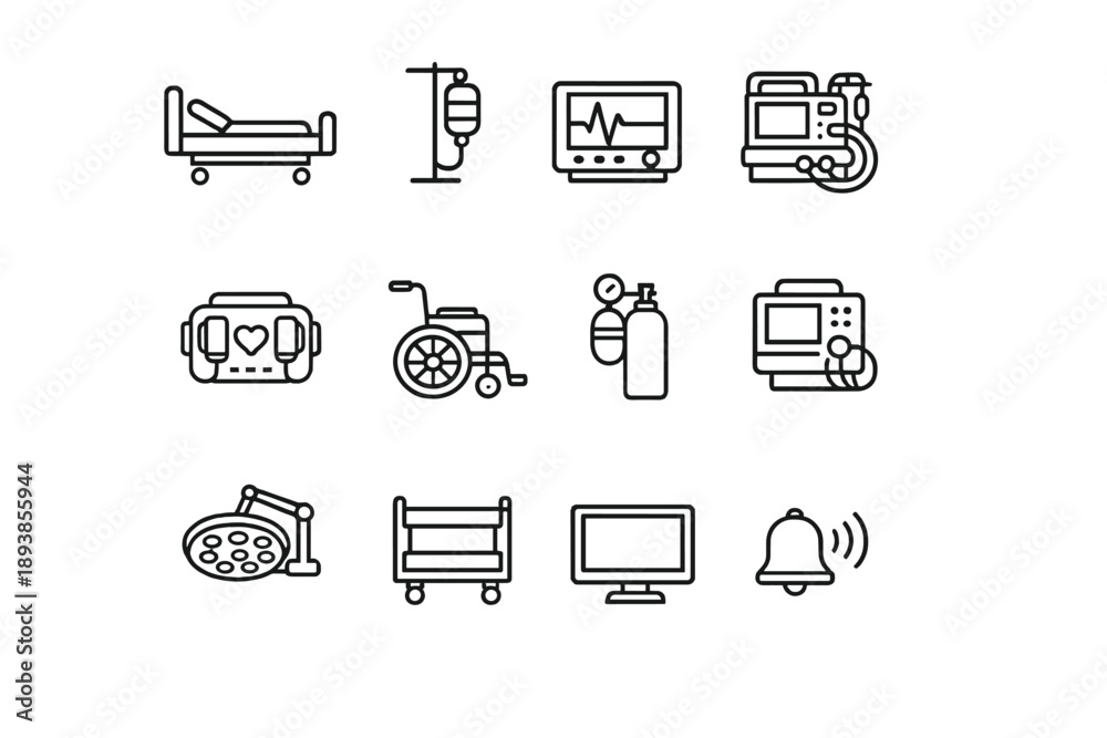 custom made wallpaper toronto digitalHospital equipment icons. Line outline icon set of Hospital equipment icons: hospital bed, iv drip, heart