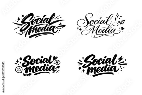 Content culture. Create a calligraphy lettering illustration of the phrase: Social media. Render 4 variations