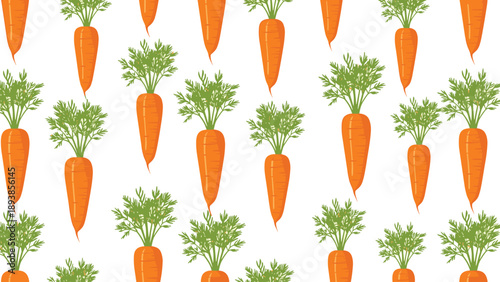 Seamless repeating pattern of fresh orange carrots with green leafy tops arranged in rows against a clean white background.