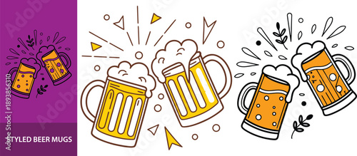 Two cartoon styled beer mugs clinking together with a splash effect, a symbol of celebration or a toast