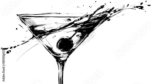 Stylized black and white illustration of a martini glass with a cherry and dynamic splash. Elegant graphic art for drinks and cocktails.