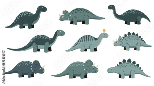 Collection of friendly grey and blue cartoon dinosaurs including long necked sauropods and spiked stegosaurs.