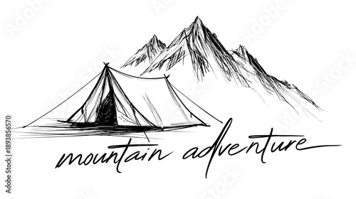 Hand-drawn sketch of a camping tent with majestic mountains and 'mountain adventure' typography, outdoor travel graphic.