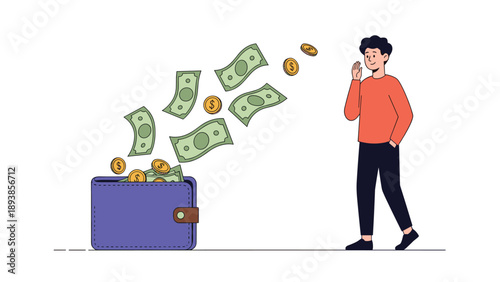 Illustration of a man watching as money and gold coins fly out from a large blue wallet onto a white background.