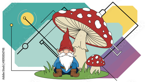Fantasy scene with a small bearded gnome sitting in front of a giant red and white spotted mushroom on green grass.