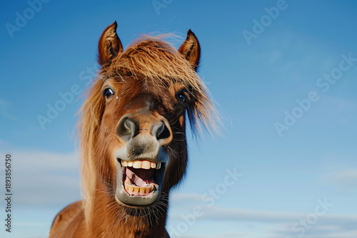Portrait of a laughing horse. Portrait of funny grinning Icelandic horse on the background of blue sky, Iceland
