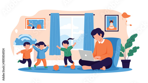 Father working from home on a laptop while sitting on the floor as his three young children play around him.