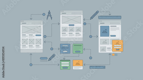 Wireframe and user flow diagram illustrating the process of website and application design.