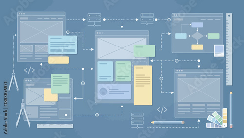 Wireframe and UI/UX design elements illustrating website and application development process.