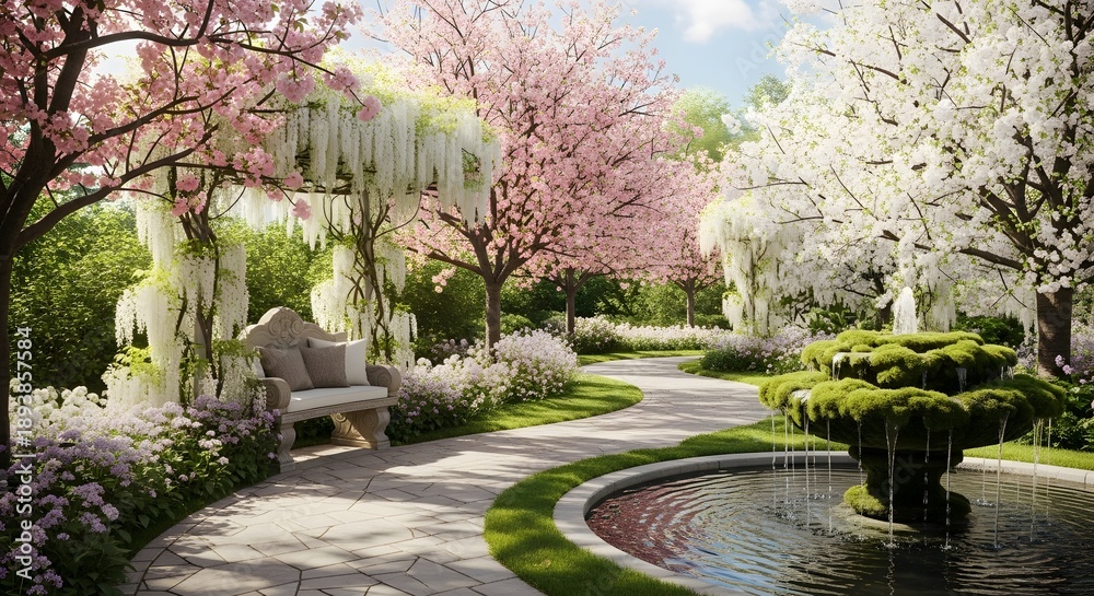 Fototapeta premium Serene garden scene with blooming flowers and pond viewed from a winding path