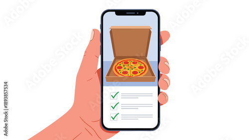 Close up of a hand holding a smartphone showing a pizza delivery app with an open box and green check marks.